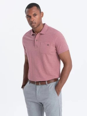 Zdjęcie produktu T-shirt męski polo z ozdobnymi guzikami - zgaszony róż V4 S1744
 -                                    M