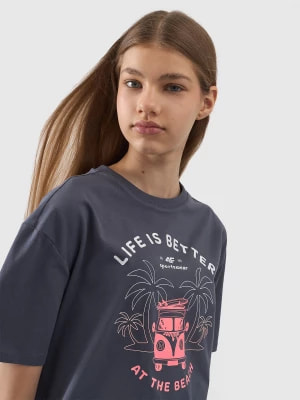 Zdjęcie produktu T-shirt oversize z nadrukiem dziewczęcy - szary 4F