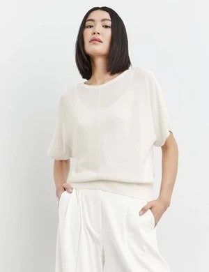 Zdjęcie produktu TAIFUN Damski Letni sweter z krótkim rękawem 56cm Obniżone ramiona Okrągły Biały Jednokolorowy