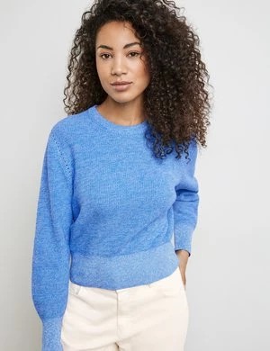 Zdjęcie produktu TAIFUN Damski Sweter z bawełnianej, prążkowanej dzianiny 56cm długie Okrągły Niebieski Jednokolorowy
