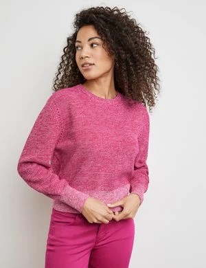 Zdjęcie produktu TAIFUN Damski Sweter z bawełnianej, prążkowanej dzianiny 56cm długie Okrągły Różowy Jednokolorowy