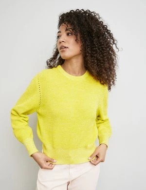 Zdjęcie produktu TAIFUN Damski Sweter z bawełnianej, prążkowanej dzianiny 56cm długie Okrągły Żółty Jednokolorowy