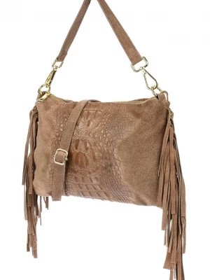 Zdjęcie produktu Taupe damska włoska skórzana torebka frędzel pozioma brązowy, beżowy Merg