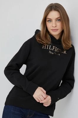 Zdjęcie produktu Tommy Hilfiger bluza bawełniana damska kolor czarny z kapturem z nadrukiem