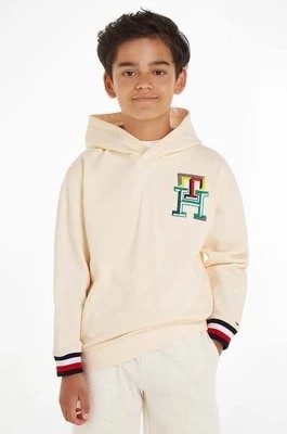 Zdjęcie produktu Tommy Hilfiger bluza bawełniana dziecięca kolor beżowy z kapturem z nadrukiem