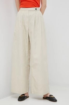 Zdjęcie produktu Tommy Hilfiger spódnica z domieszką lnu kolor beżowy szerokie high waist