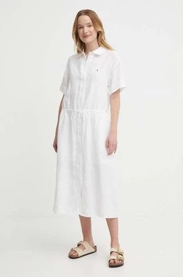 Zdjęcie produktu Tommy Hilfiger sukienka lniana kolor biały midi rozkloszowana WW0WW41911