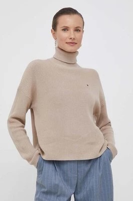 Zdjęcie produktu Tommy Hilfiger sweter bawełniany kolor beżowy z golfem