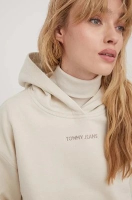 Zdjęcie produktu Tommy Jeans bluza bawełniana damska kolor beżowy z kapturem z aplikacją DW0DW17329