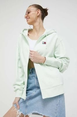 Zdjęcie produktu Tommy Jeans bluza bawełniana damska kolor zielony z kapturem gładka
