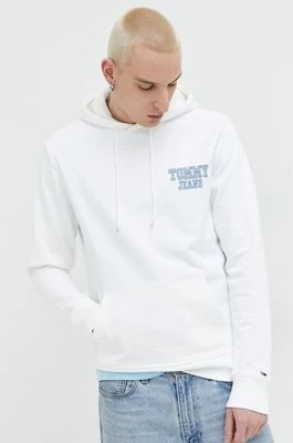 Zdjęcie produktu Tommy Jeans bluza bawełniana męska kolor biały z kapturem z nadrukiem