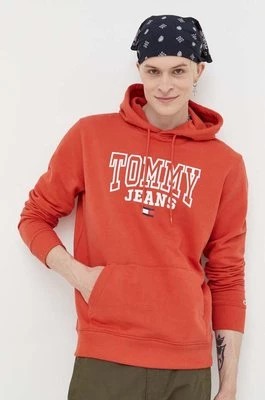 Zdjęcie produktu Tommy Jeans bluza bawełniana męska kolor pomarańczowy z kapturem z nadrukiem