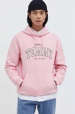 Zdjęcie produktu Tommy Jeans bluza bawełniana męska kolor różowy z kapturem z aplikacją DM0DM18401