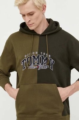 Zdjęcie produktu Tommy Jeans bluza bawełniana męska kolor zielony z kapturem z aplikacją