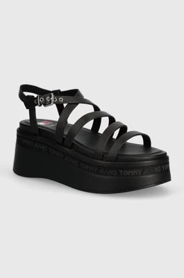 Zdjęcie produktu Tommy Jeans sandały skórzane TJW STRAPPY WEDGE SANDAL kolor czarny EN0EN02516