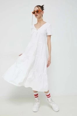 Zdjęcie produktu Tommy Jeans sukienka bawełniana kolor biały midi rozkloszowana