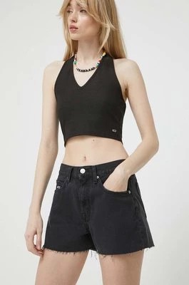 Zdjęcie produktu Tommy Jeans szorty jeansowe damskie kolor czarny gładkie high waist