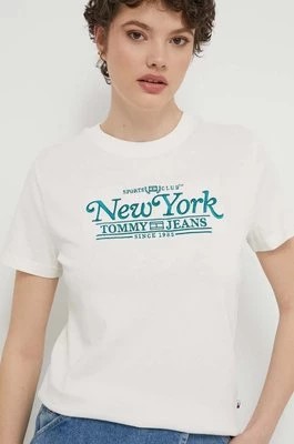 Zdjęcie produktu Tommy Jeans t-shirt bawełniany damski kolor beżowy DW0DW17826