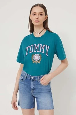 Zdjęcie produktu Tommy Jeans t-shirt bawełniany damski kolor zielony DW0DW17824