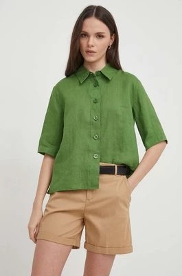 Zdjęcie produktu United Colors of Benetton koszula lniana kolor zielony regular z kołnierzykiem klasycznym