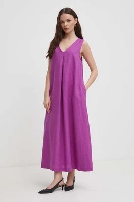 Zdjęcie produktu United Colors of Benetton sukienka lniana kolor fioletowy maxi rozkloszowana