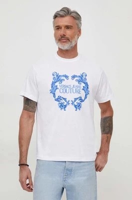 Zdjęcie produktu Versace Jeans Couture t-shirt bawełniany męski kolor biały z nadrukiem 76GAHG02 CJ00G