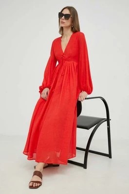 Zdjęcie produktu Weekend Max Mara sukienka z domieszką lnu kolor czerwony maxi rozkloszowana