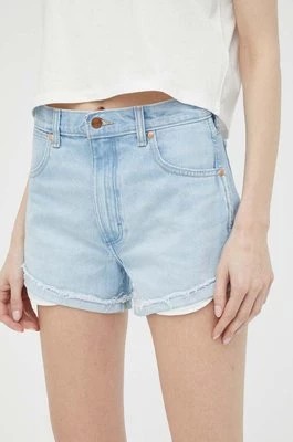 Zdjęcie produktu Wrangler szorty jeansowe damskie kolor niebieski gładkie high waist