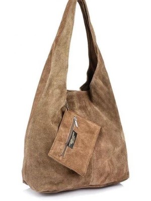 Zdjęcie produktu zamszowa torebka skórzana na ramię z saszetką taupe brązowy, beżowy Merg