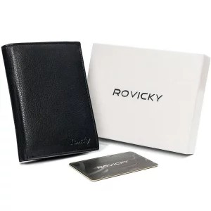 Zdjęcie produktu Zgrabny portfel męski ze skóry naturalnej, czarny, ochrona RFID — Rovicky Merg