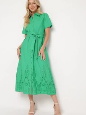 Zdjęcie produktu Zielona Ażurowa Sukienka z Bawełny Zapinana na Guziki z Materiałowym Paskiem Dimosa