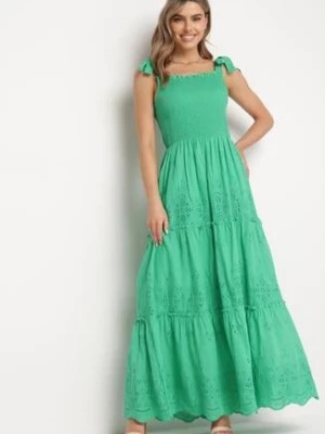 Zdjęcie produktu Zielona Bawełniana Sukienka Maxi z Ażurowego Materiału z Wiązanymi Ramiączkami Lariven