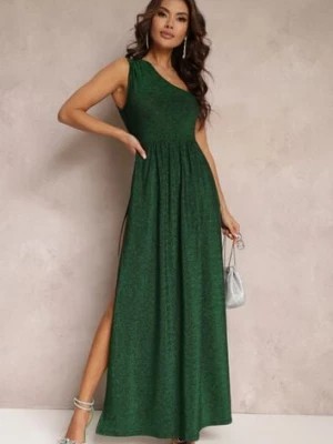 Zdjęcie produktu Zielona Brokatowa Sukienka Maxi z Asymetryczną Górą i Rozkloszowanym Dołem Eulita
