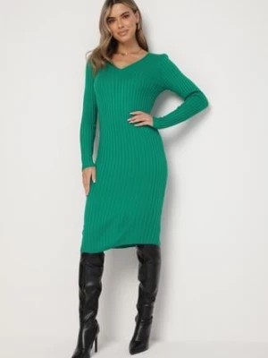 Zdjęcie produktu Zielona Dopasowana Sukienka Midi z Prążkowanej Dzianiny Agordda