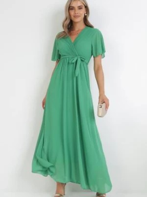 Zdjęcie produktu Zielona Kopertowa Sukienka z Gumką w Pasie i Plisowaną Górą Davitri
