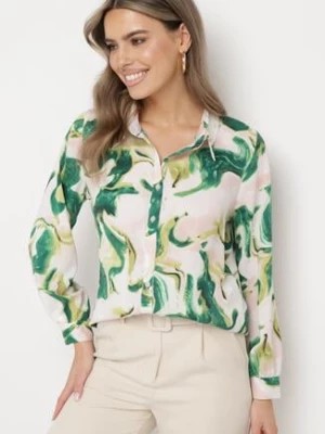 Zdjęcie produktu Beżowo-Zielona Koszula o Klasycznym Fasonie Ozdobiona Abstrakcyjnym Wzorem Zenailla