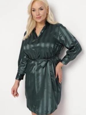 Zdjęcie produktu Zielona Koszulowa Satynowa Sukienka Mini w Paski Wiązana w Talii Vivanta