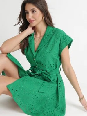 Zdjęcie produktu Zielona Koszulowa Sukienka Haftowana z Wiązanym Paskiem Tireah