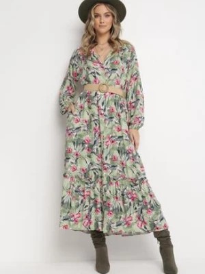 Zdjęcie produktu Zielona Koszulowa Sukienka Maxi w Kwiaty z Paskiem Bophin