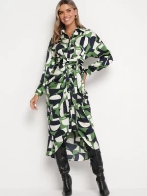 Zdjęcie produktu Zielona Koszulowa Sukienka Midi w Geometryczny Wzór Aelindrae