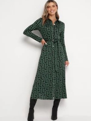 Zdjęcie produktu Zielona Koszulowa Sukienka Midi w Geometryczny Wzór z Wiązanym Paskiem Gelama