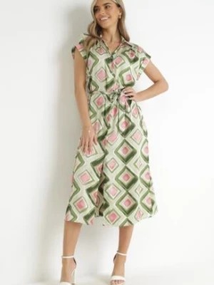 Zdjęcie produktu Zielona Koszulowa Sukienka Midi z Geometrycznym Wzorem i Materiałowym Paskiem Eugenania