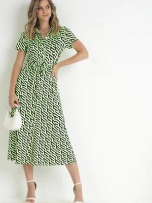 Zdjęcie produktu Zielona Koszulowa Sukienka Midi z Rozkloszowanym Dołem i Materiałowym Paskiem Summita
