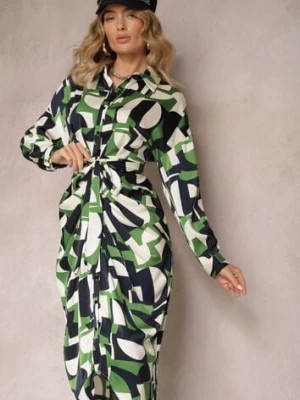 Zdjęcie produktu Zielona Koszulowa Sukienka Midi z Wiązanym Paskiem Elandrialia