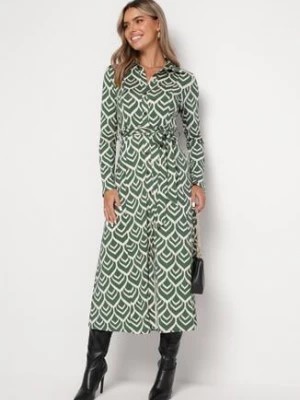 Zdjęcie produktu Zielona Koszulowa Sukienka Midi z Wiązanym Paskiem Ephima