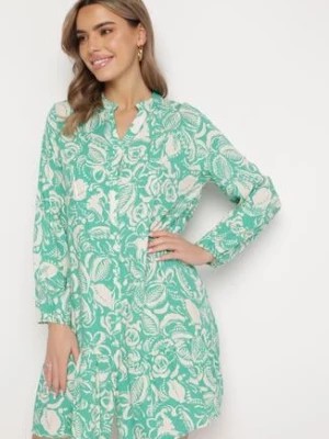 Zdjęcie produktu Zielona Koszulowa Sukienka Mini o Rozkloszowanym Fasonie z Kwiatowym Motywem Hexama