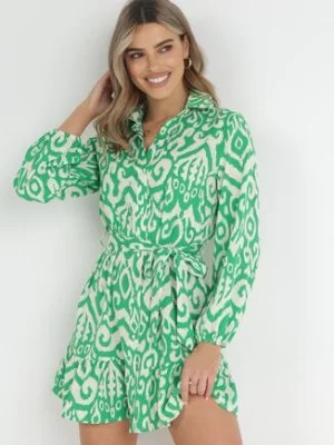 Zdjęcie produktu Zielona Koszulowa Sukienka Mini w Ornamentalny Wzór z Falbanką Alecerlla