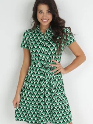 Zdjęcie produktu Zielona Koszulowa Sukienka Mini z Guzikami i Materiałowym Paskiem Jazlena