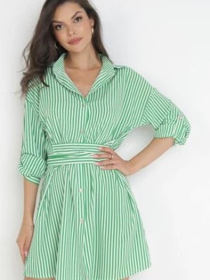 Zdjęcie produktu Zielona Koszulowa Sukienka Mini z Wiązaniem w Pasie z Wiskozy Eleva
