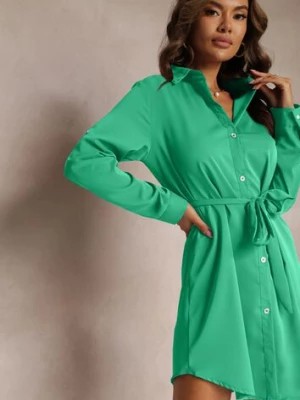 Zdjęcie produktu Zielona Koszulowa Sukienka Mini z Wiązanym Paskiem Andreola